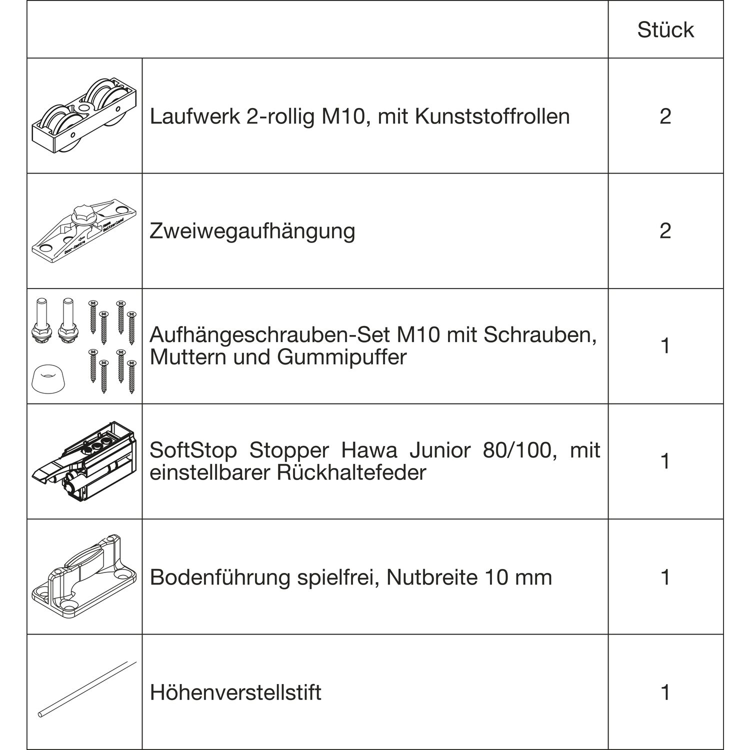 HAWA Junior 100/Z Beschlagset Holz ohne Laufschiene