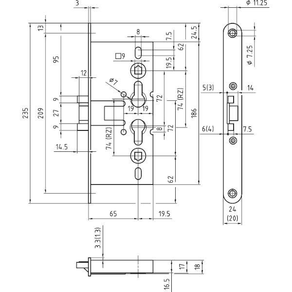 BMH Einstemmschloss 1739-R PZW nach DIN, Dorn 65, VK 9 mm, Stahl verzinkt