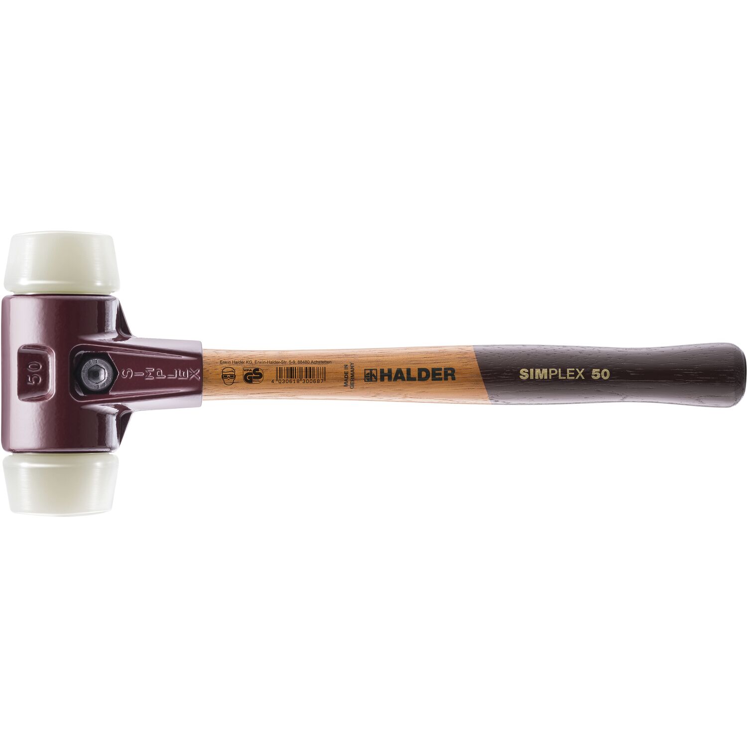 Halder Schonhammer Temperguss Kopf ø 40 mm Nylon weiß Hickory Stiel