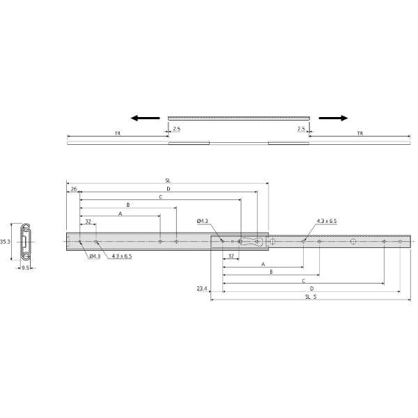 Accuride 2026L Kugelkäfigführung, Teilauszug, 40 kg, SL 450 mm Stahl