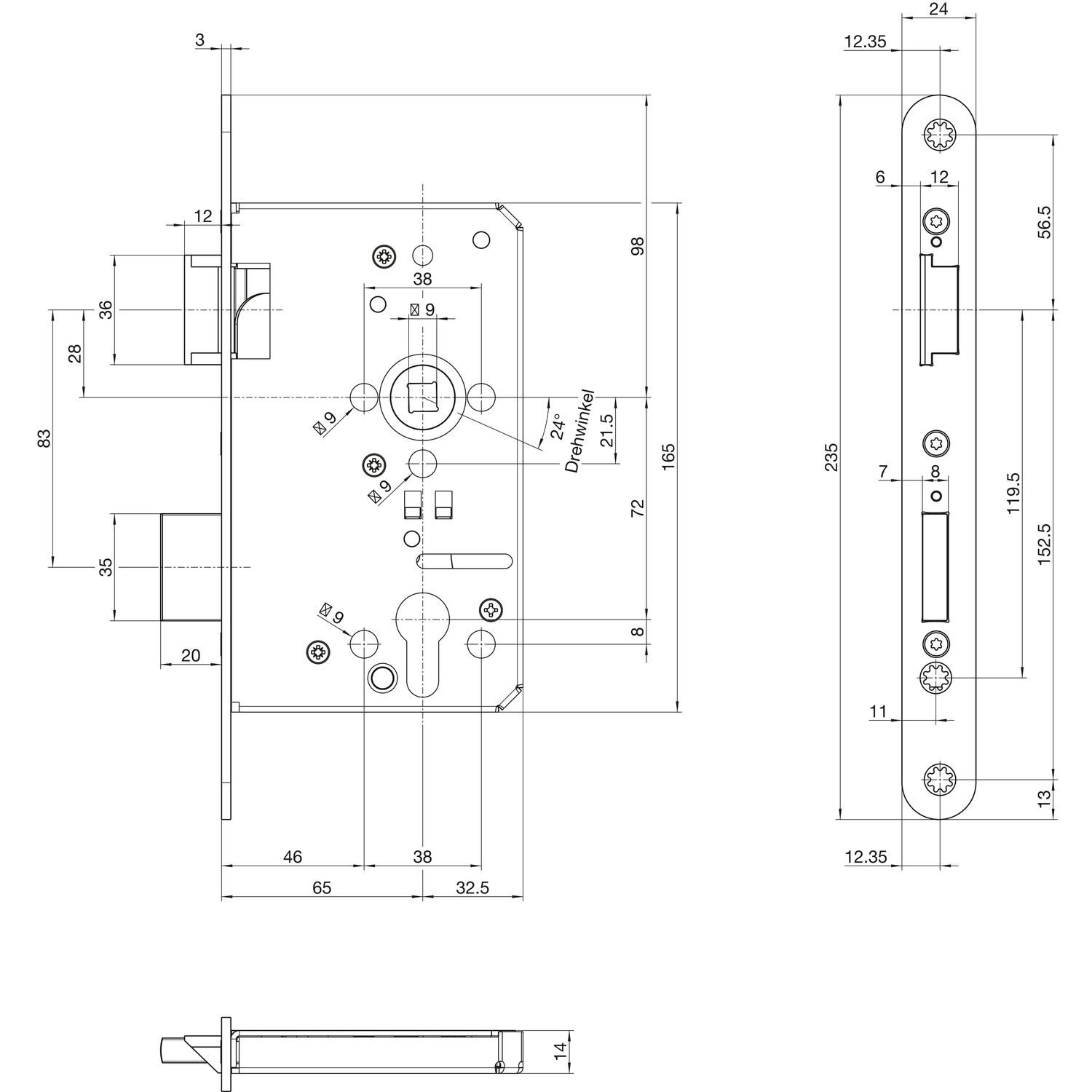 BKS Fluchttürschloss B 1201 1-flg. Funktion E, Rundstulp 24mm, PZW, links, Edelstahl