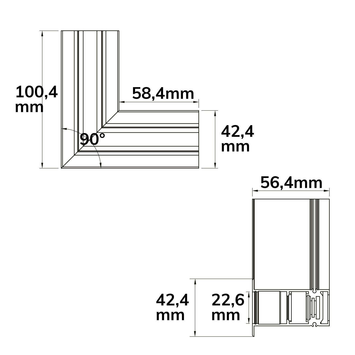 ISOLED Track48 Eckschiene 90° horizontal für Einbauschiene weiß nicht stromführend