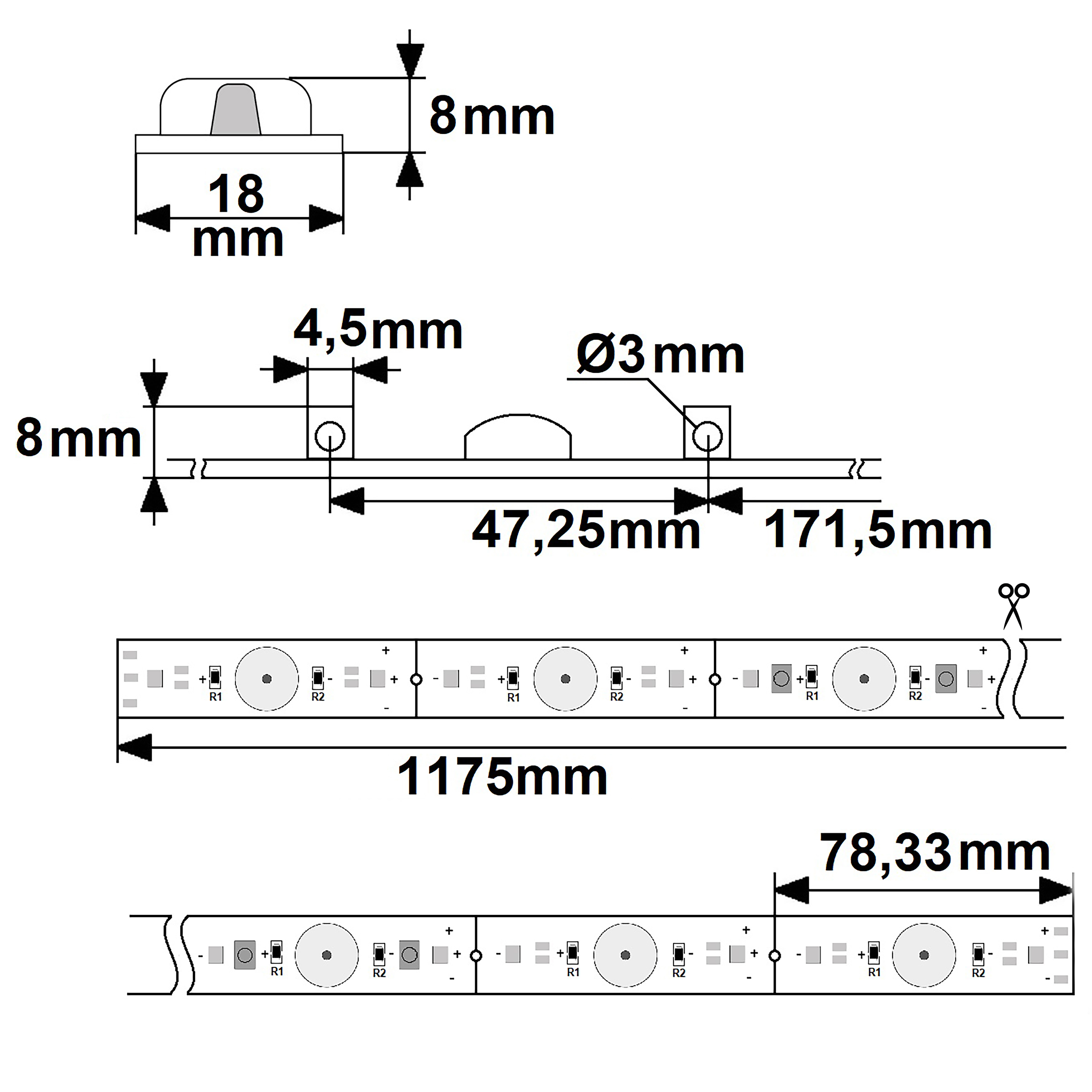 ISOLED LED Platine Backlight 825/855 1175mm 180° Linse 24V 8W+8W IP20 weißdynamisch dimmbar
