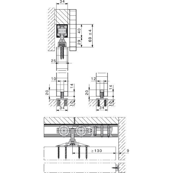 HAWA Junior 100/Z Beschlagset Holz Laufschiene L=2000 mm silber eloxiert