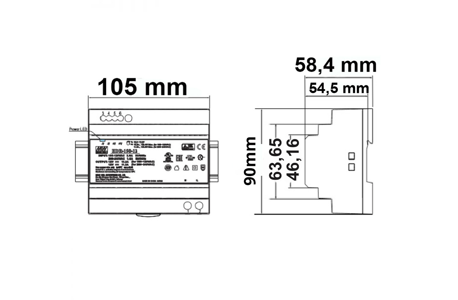 ISOLED LED Hutschienen-Trafo MW HDR-150-24 21.6~29V/DC 0-150W