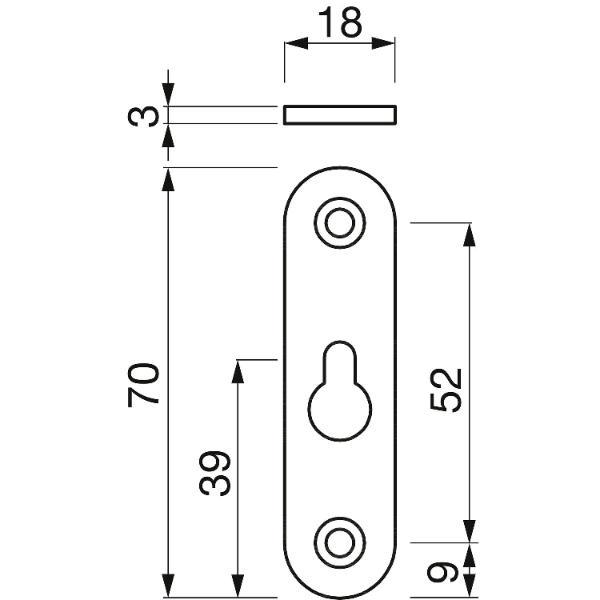 Linsen-Bettbeschlagplatte, 70 x 18 x 3 mm, 1 Schlüsselloch, Stahl verzinkt