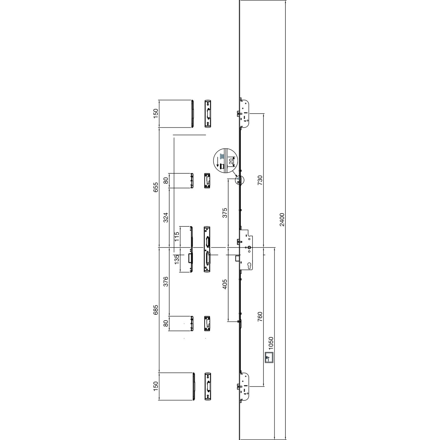 Maco #235775 MFV-Schloss Z-TF PT MF-i.S, DM 65,Stulp 2400 x 16 x 3 mm eckig,silberfärbig
