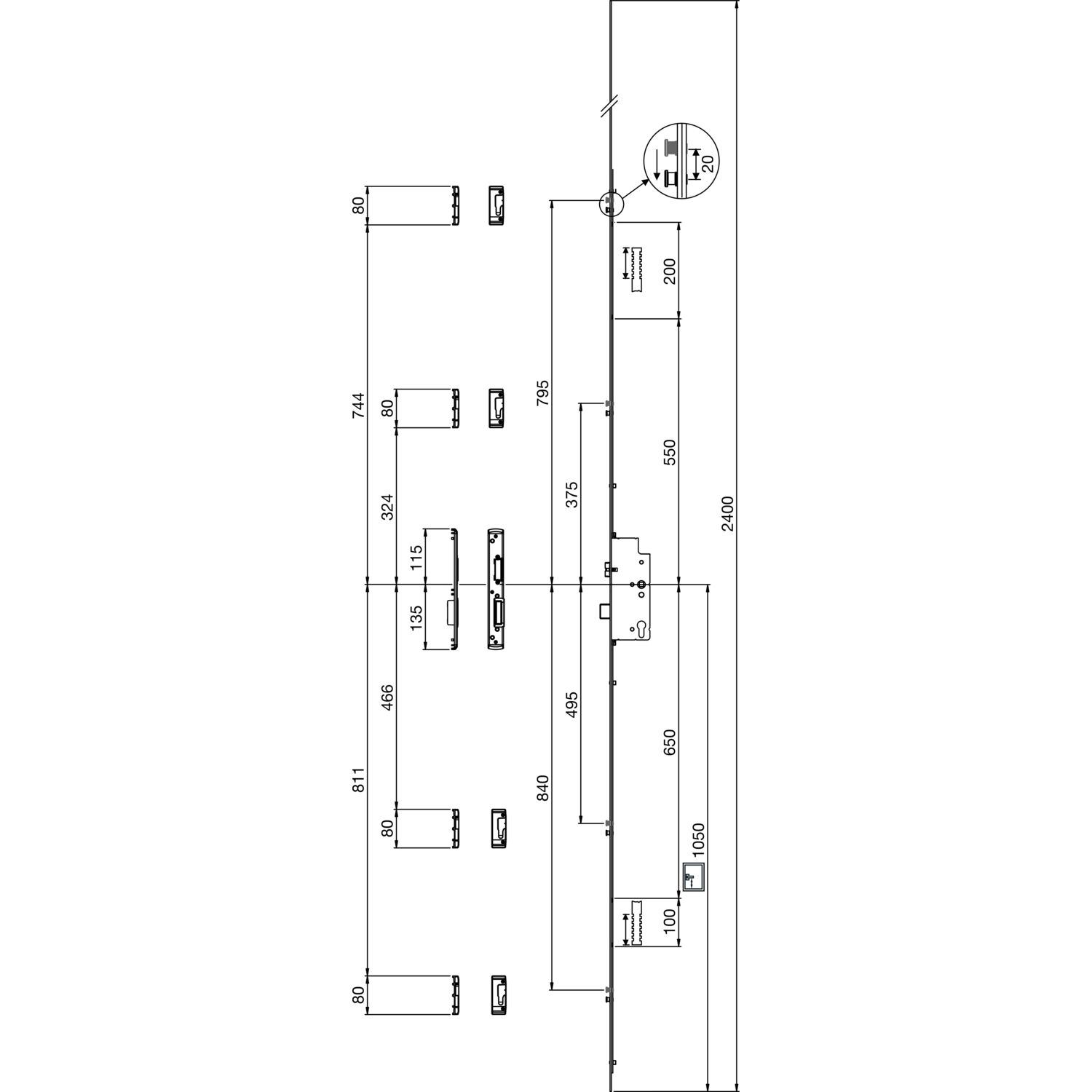 Maco #230015 MFV-Schloss Z-TS PT i.S, DM 65 mm,Stulp 2400 x 16 x 3 mm eckig,silberfärbig