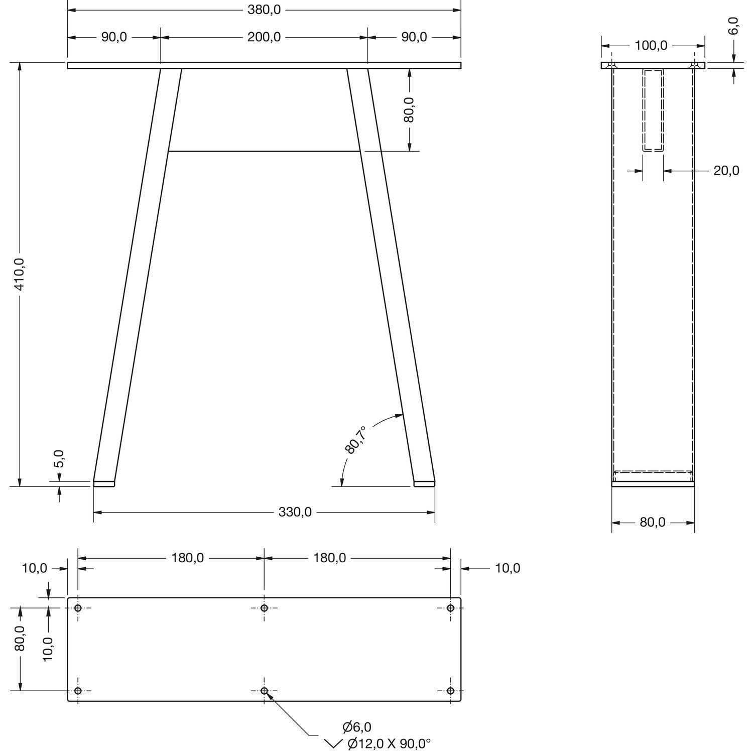 Simausrom Bankkufe A-Form Breite 380 mm Schwarzstahl schutzlackiert