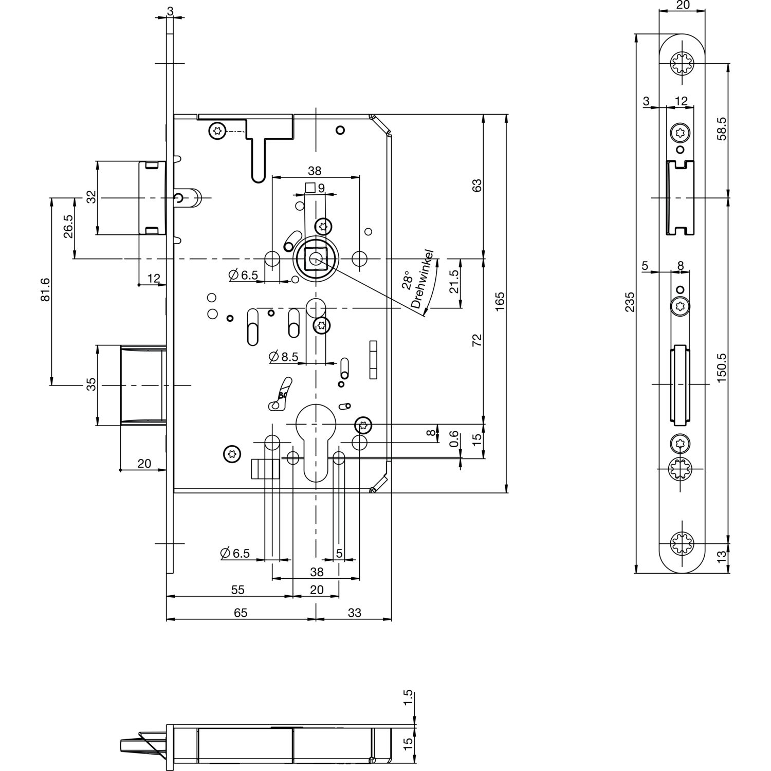 BKS Fluchttürschloss B-23200-04-R-8 1-flg. Funktion B, Rundstulp 20,PZ 65 rechts