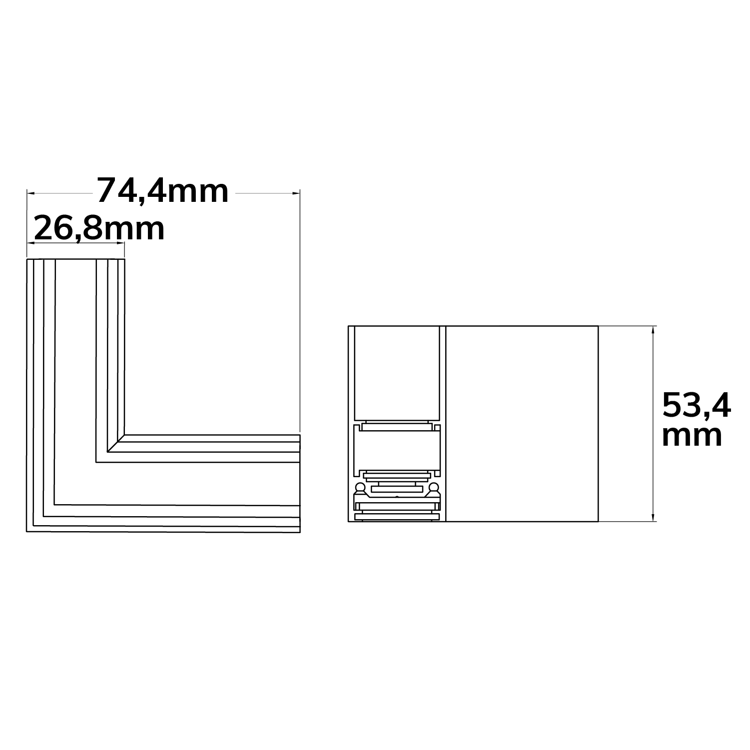 ISOLED Track48 Eckschiene 90° horizontal für Aufbauschiene weiß nicht stromführend
