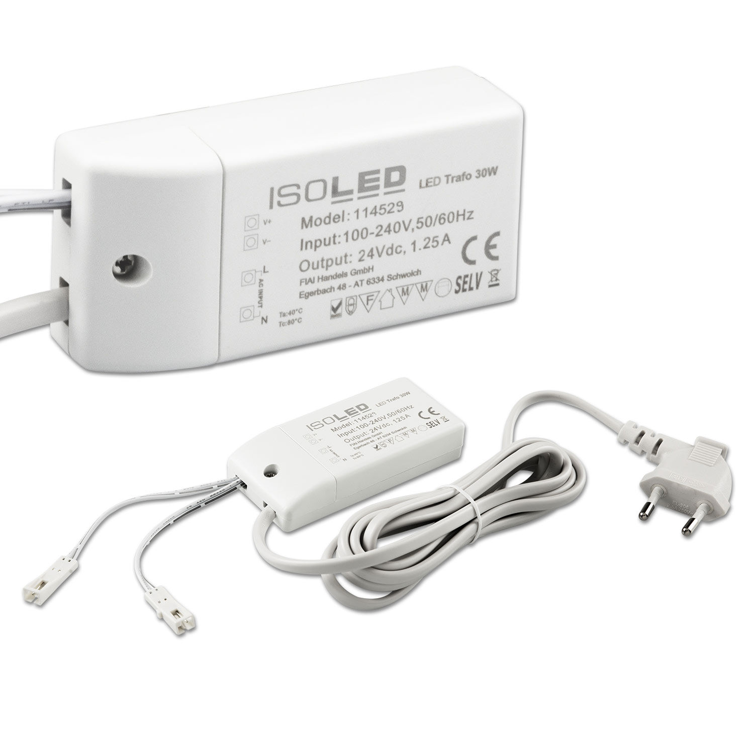 ISOLED LED Trafo MiniAMP 24V/DC 0-30W 200cm Kabel mit Flachstecker sekundär 2 female Buchsen