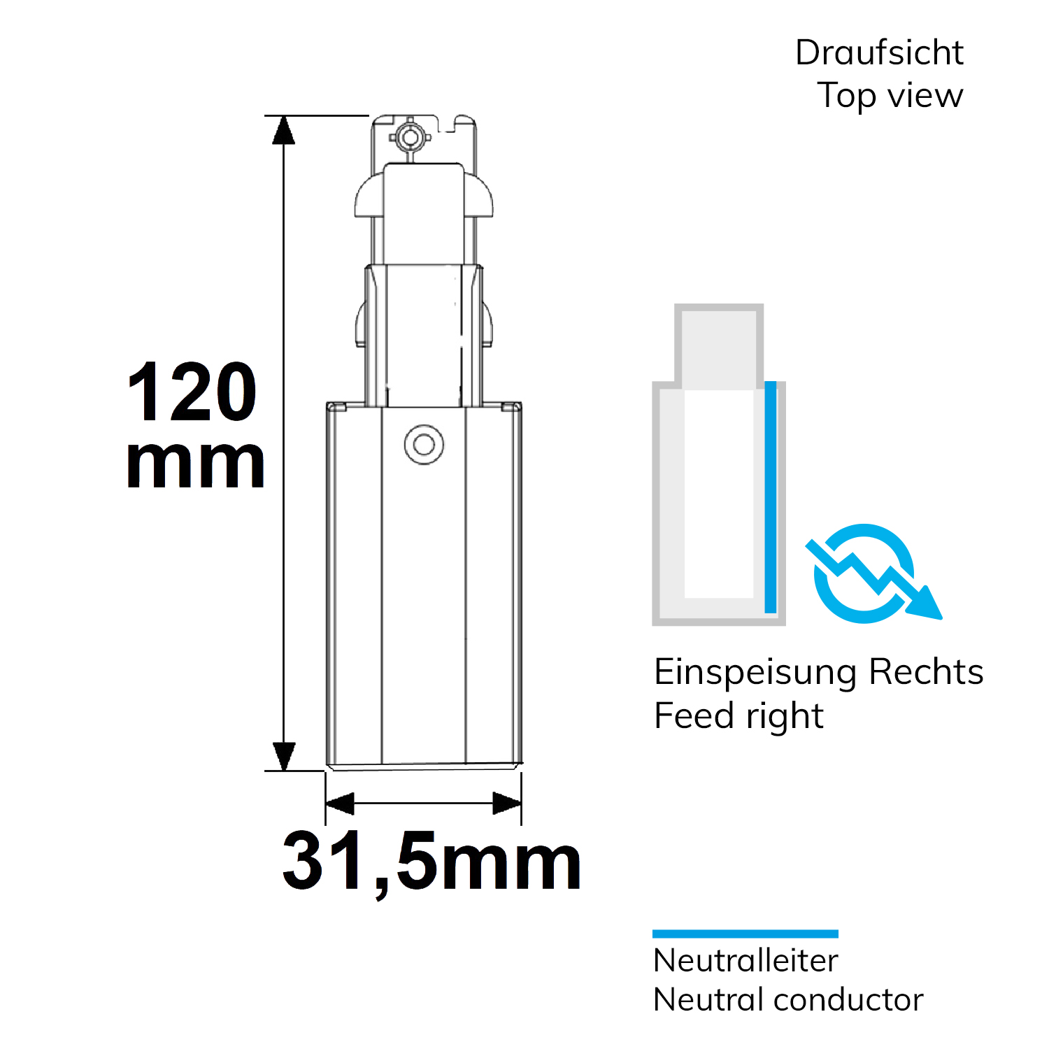 ISOLED 3-Phasen DALI Seiten-Einspeisung für Aufbauschiene N-Leiter rechts schwarz
