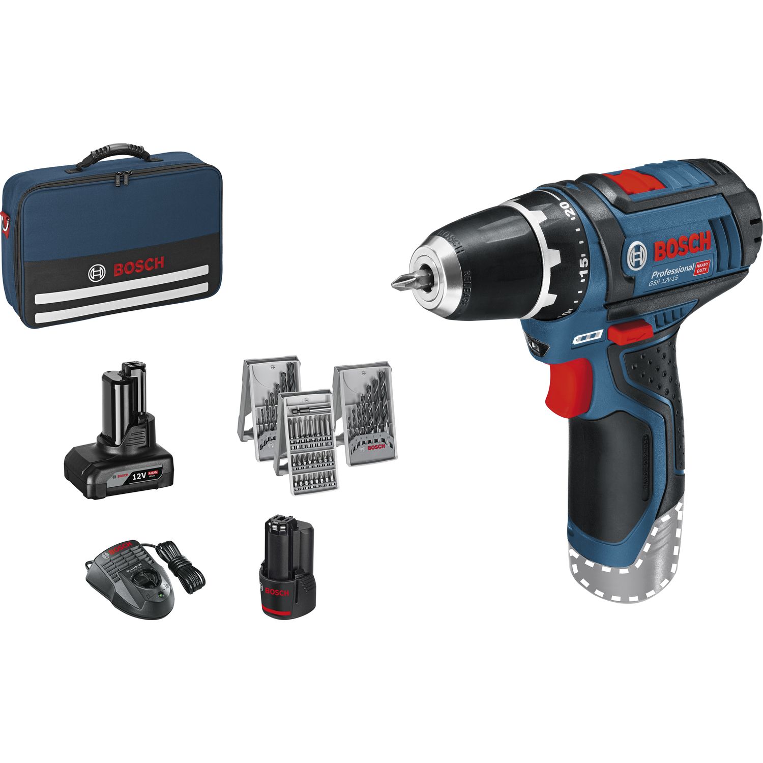 Bosch Akku-Bohrschrauber GSR 12V-15 12 Volt / 2,0 /4,0Ah(IEC) Li-Ion+Zubehör-Set