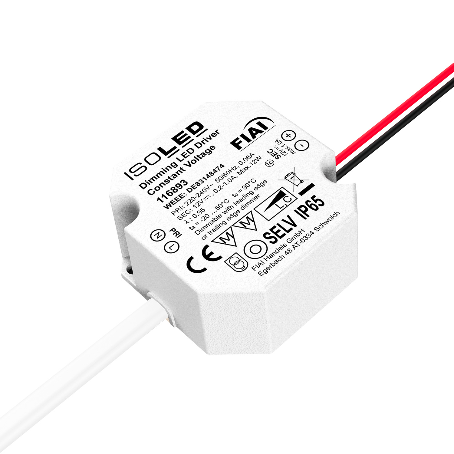 ISOLED LED Schalterdosen-PWM-Trafo 12V/DC 0-12W Tiefe 24mm IP65 dimmbar SELV