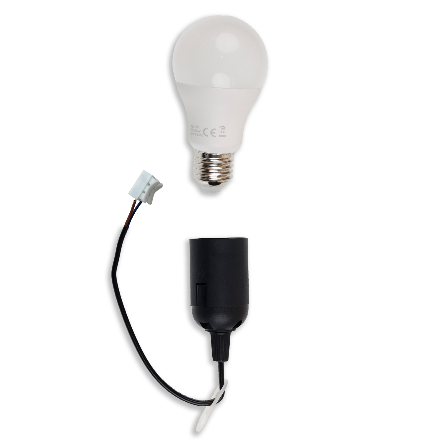 ISOLED Baufassung E27 SET mit Federklemme Öse und LED bulb 9W warmweiß