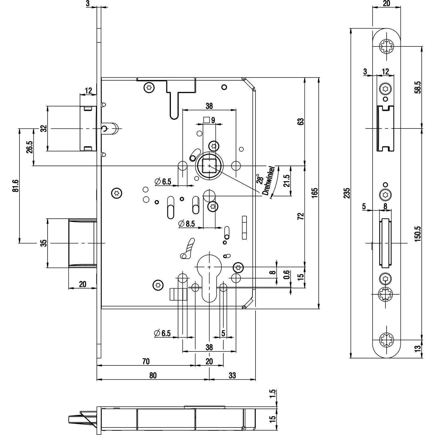 BKS Fluchttürschloss B-23200-06-R-8 1-flg. Funktion B, Rundstulp 20,PZ 80 rechts