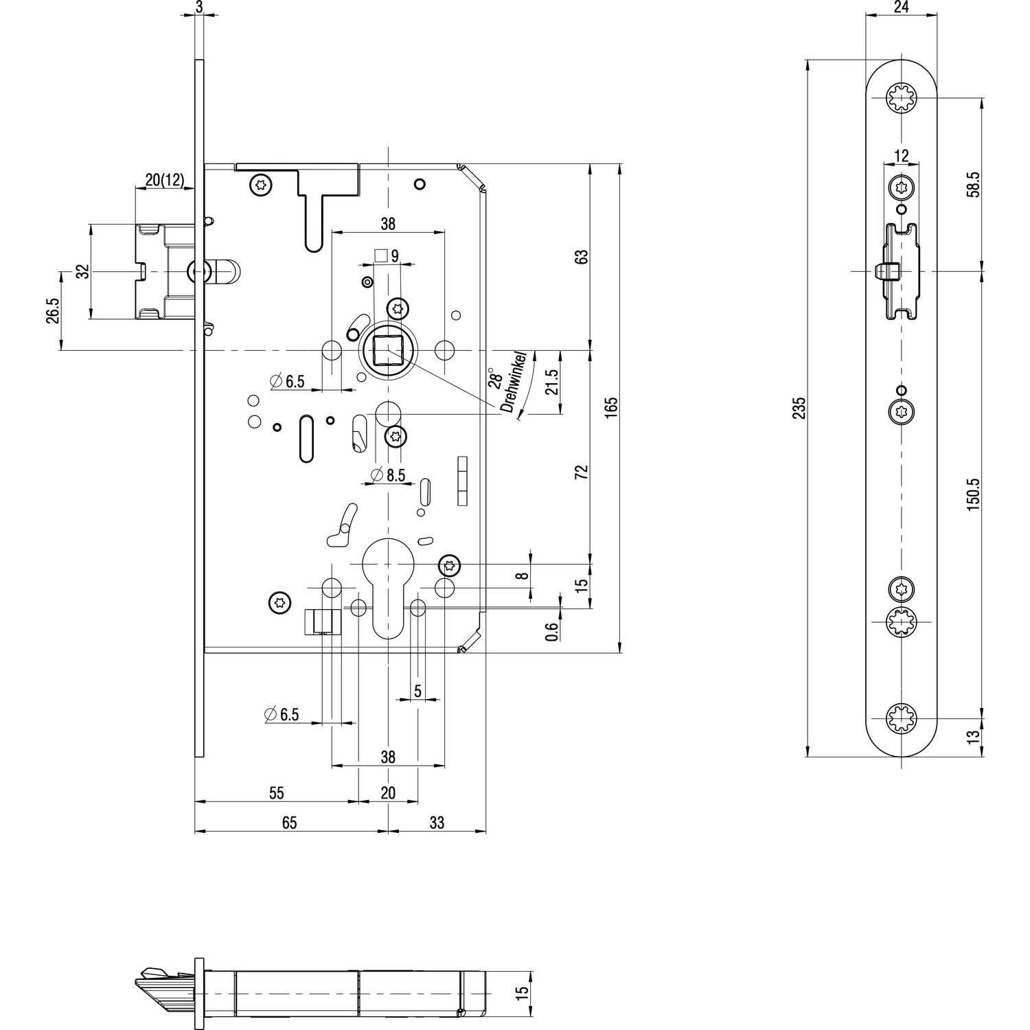 BKS Fluchttürschloss B-21170-42-L-8 2-flg. Funktion E, Rundstulp 24,PZ 65 univ.