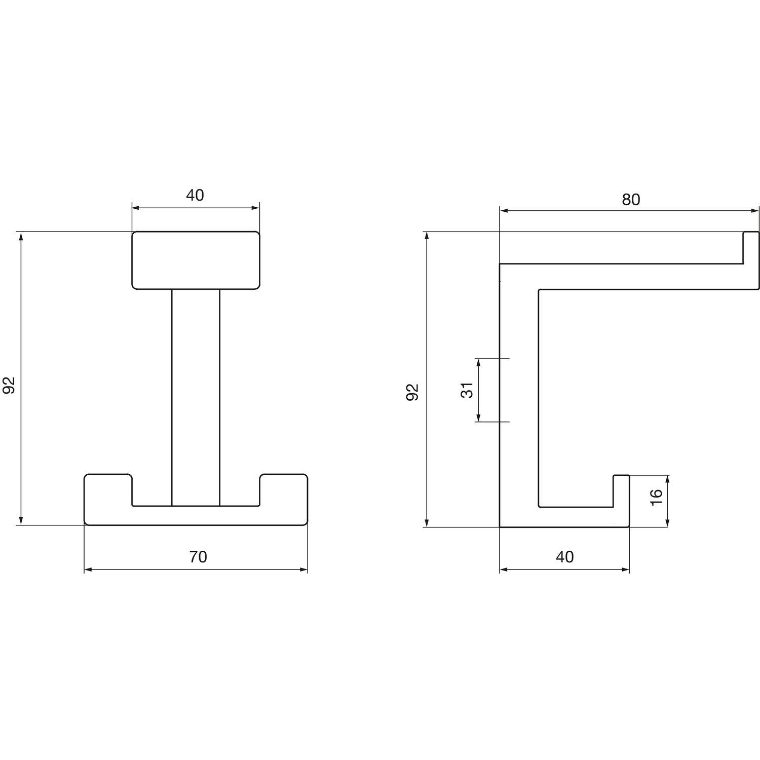 Huthaken Doradus Breite 70 mm, Höhe 92 mm, ZN eisenfärbig gebürstet matt