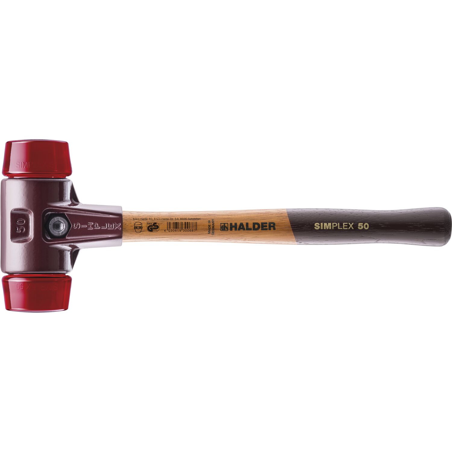 Halder Schonhammer Temperguss Kopf ø 40 mm Plastik rot Hickory Stiel