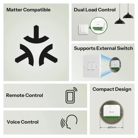 Sonoff MINI DUO 2-Fach Matter WiFi Intelligenter Schalter MINI-2GS