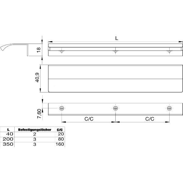 furnipart Griffleiste Edge Straight Lochabstand 2x80mm Länge 200mm Aluminium Edelstahl Effekt